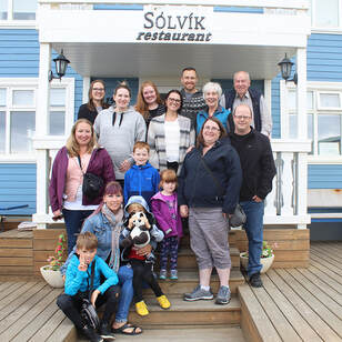 A group of Snorri Alumni participants gather outside the restaurant, Sólvík, in Hofsós, Iceland for the 20 year Snorri Reunion.Picture